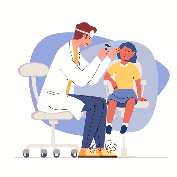 Otolaryngologist checks patient's ears with otoscope. Girl on examination at ENT. Medical care and healthcare. Vector illustration flat cartoon isolated white background.
